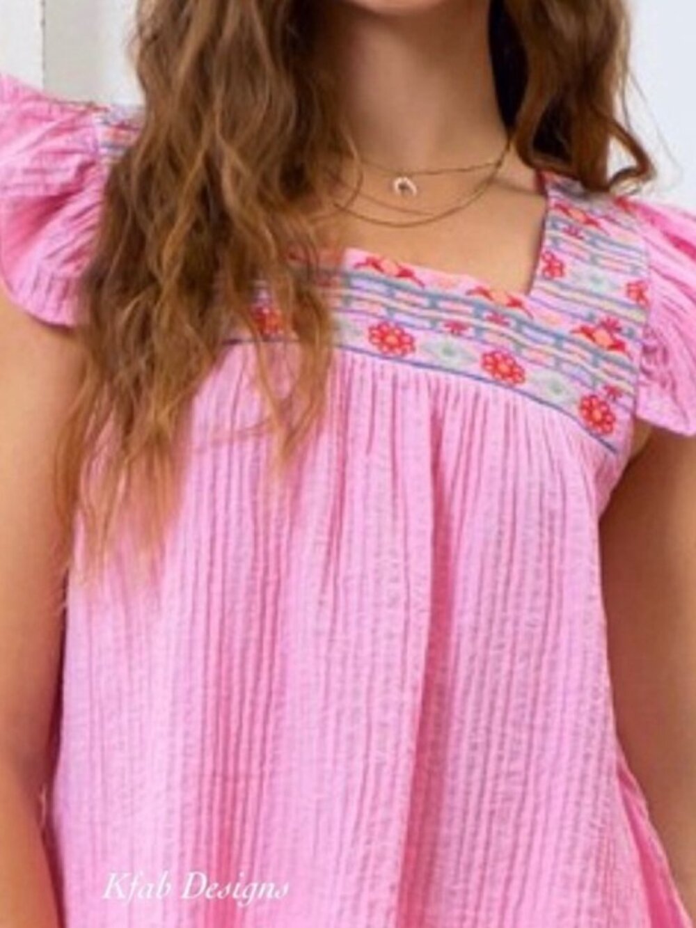 Embroidered Square Neckline Flutter Sleeve Soft Top - Picture 4 of 5
